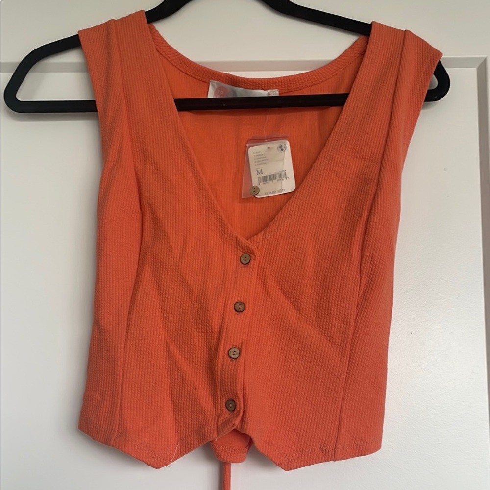 Free People Orange Sleeveless Button-Up Top